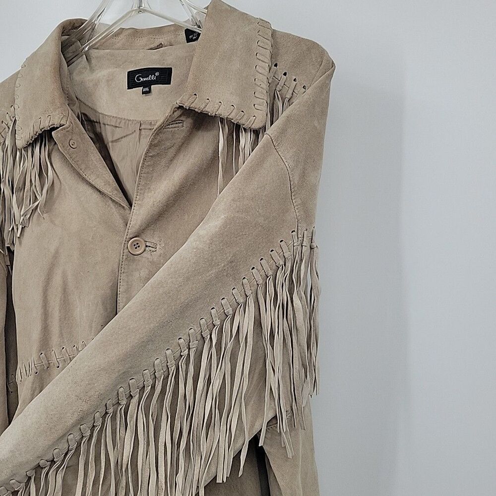 Genelli Mens Leather Fringe Jacket Size XXL Blonde Tan Coat Vintage - Picture 6 of 16